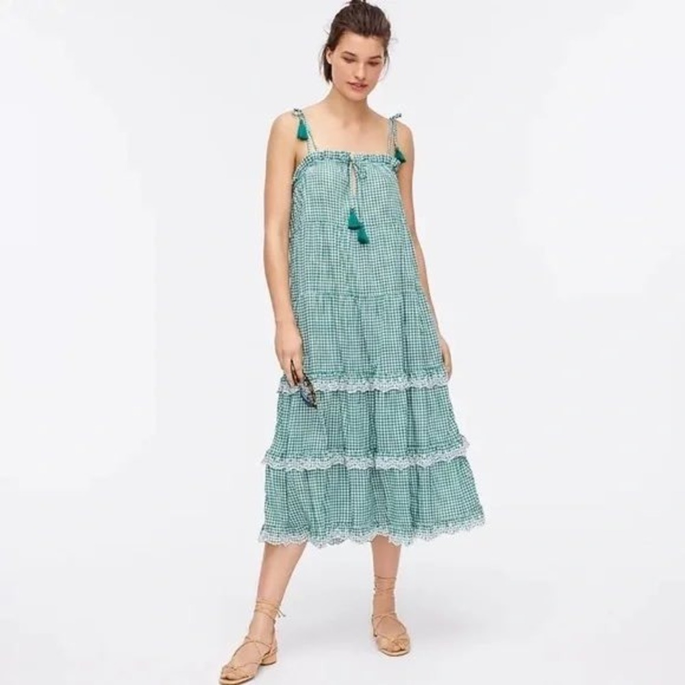 J.Crew Green Gingham Tiered Cotton Midi Dress Lace Trim Tassels Womens Large - Picture 8 of 9
